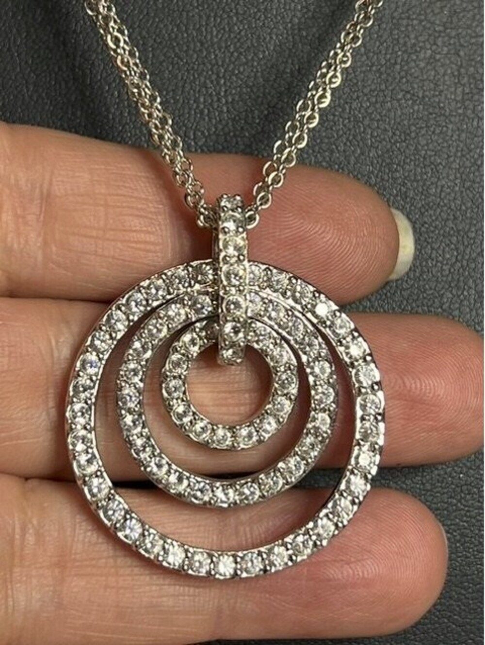 B6495 Nolan Miller Triple Circle Pendant Necklace 16-18" Rhinestone Silver Tone
